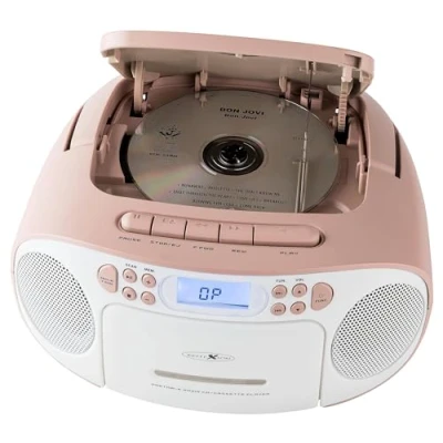 Bild av Reflexion RCR2260 CD spelare med kassett och radio för nät batteridrift (PLL FM radio, LCD display, AUX ingång, hörlurskontakt), vit/rosa