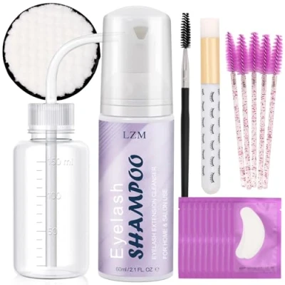 Bild av LZM Schampo För Fransar Lash Shampoo Ögonfransförlängning 60ml+ Sköljflaska + Rengöringsborste 10 Par Ögonmasker Sminkdyna Spiralborste
