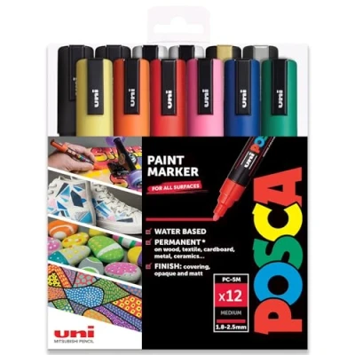 Bild av Uni Posca PC 5M färgpenna konst markörpenna professionellt set med 12 pennor extra svart + vit