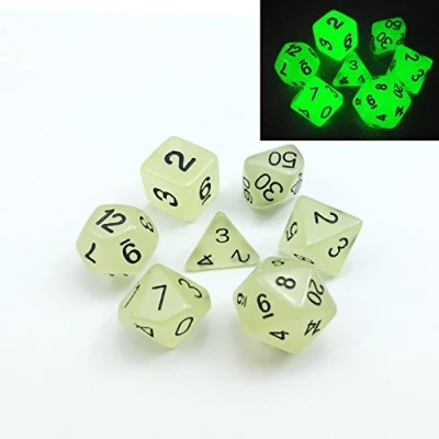 Bild av Uppsättning av 7 lyser i de mörka polyedriska tärningarna (7 färgtoner set) Rollspeltärningar D4, D6, D8, D10, D%, D12 och D20 (Aqua)