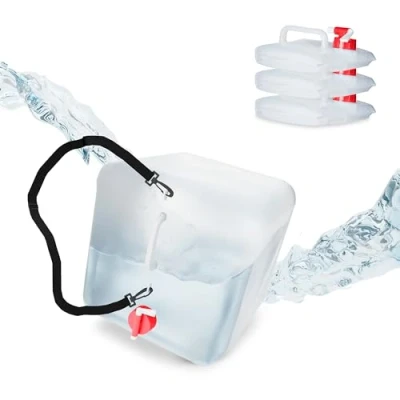 Bild av Relaxdays Vikbar vattendunk, set om 4, 20 l, vattenbehållare med kran och bärrem, BPA fri, transparent/röd