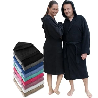 Bild av LEBENGOOD Badrock herr unisex huva 100 % bomull amerikansk lockig 400 gr, fickor, mjuk morgonrock, duschhandduk dam, svart, 3XL