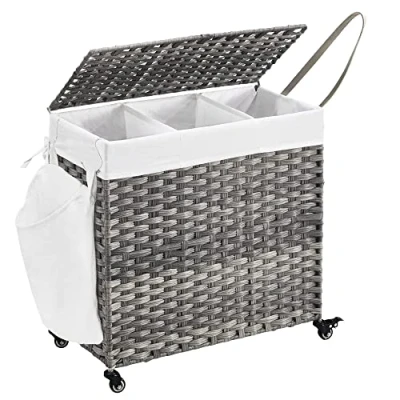 Bild av SONGMICS Tvättkorg med lock, 140L, flätad korg för smutstvätt, hjul, 3 fack, avtagbar innerväska, tvättstuga, sovrum, 66 x 33 cm, grå LCB363G01