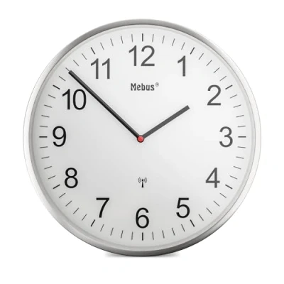 Bild av MEBUS Funkwanduhr mit hochwertigem Aluminium Rahmen, Bahnhofsuhr, Klassisches Design, 30 cm Durchmesser, gut ablesbare Ziffern, Farbe: Silber/Weiß, Modell: 19411