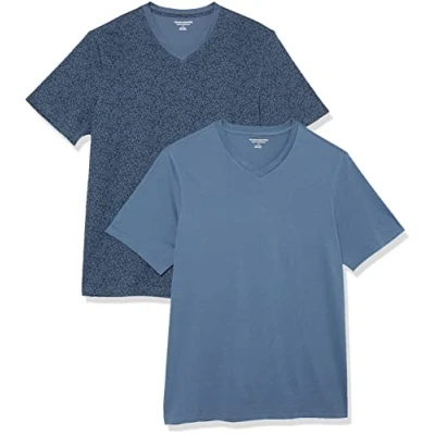 Bild av Amazon Essentials kortärmad v ringad t shirt för män (finns i stor och lång), 2 pack, tvättat blå/blommigt tryck, XX Large
