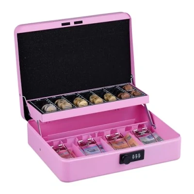 Bild av Relaxdays Kassakassett, 3 siffrig nummerkombination, myntinsats, pengabox järn, H x B D: 8,5 30,5 25 cm, rosa