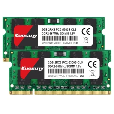 Bild av Kuesuny 4GB Kit (2X2GB) DDR2 667MHz Sodimm Ram PC2 5300 5300S 1.8V CL5 200 Pin 2RX8 Dual Rank Non ECC Unbuffered Notebook Laptop Memory Modules Upgrade