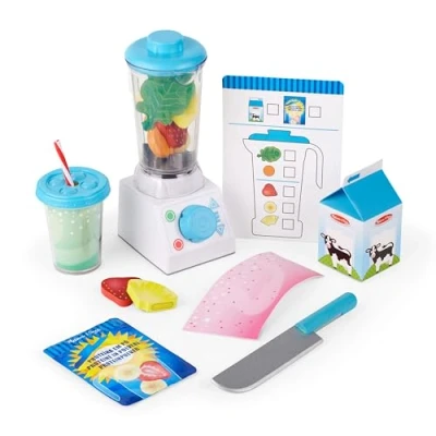 Bild av Melissa &amp; Doug Set med smoothie + shakerblender Trä leksak för barn Låtsaslek Leksaksmat 3+ Present till pojke och flicka