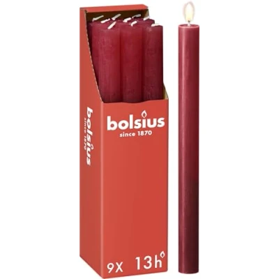 Bild av Bolsius Avsmalnande ljuspelare Stakljus Rustikt Röd 9 pack Lång Brinntid På 13 Timmar Hushållsljus Inredning Oparfymerad Naturligt Veganskt Vax 270 x 23 mm