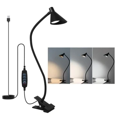 Bild av Qooltek LED lä, klämlampa, 3 färglägen, 5 ljusstyrka, klämlampa för nattduksbord, W USB driven skrivbord med flexibel arm, svart
