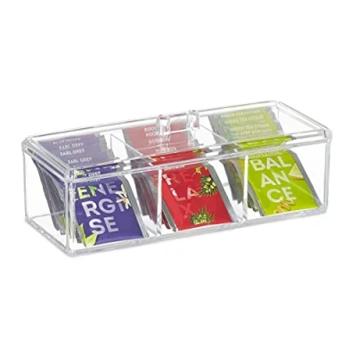 Bild av Relaxdays Tebox, teförvaringslåda med 3 fack, HBT 9 x 23 9,5 cm, plast, förvaringsbox lock, transparent