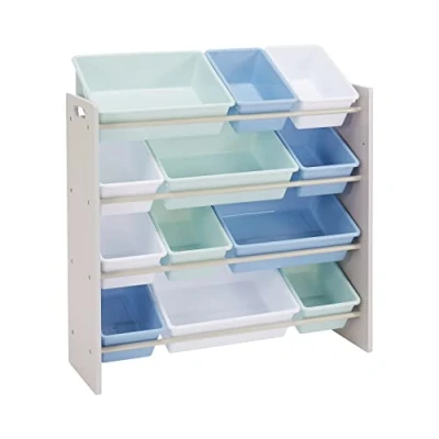 Bild av Amazon Basics Förvaringslösning med 4 hyllor för barns leksaker, 12 st plastlådor, grått trä blå lådor, 27,7 D x 85,3 B 79,0 H cm