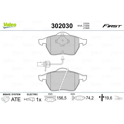 Bild av VALEO 302030 Jeu de plaquettes frein FIRST Essieu avant contact signal d&#039;usure inclus sans tôle anti bruit VOLKSWAGEN: TRANSPORTER 4 Bus