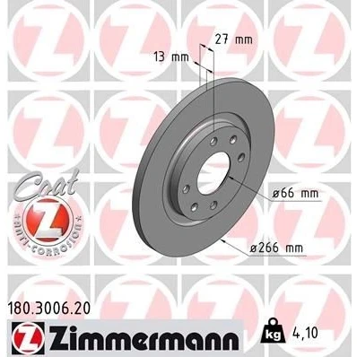 Bild av ZIMMERMANN COAT Z 180.3006.20 Disque de frein 266 13 6/4 4 108 plein revêtu CITROËN: C3 II, I 3/5 portes, C4 II Cactus