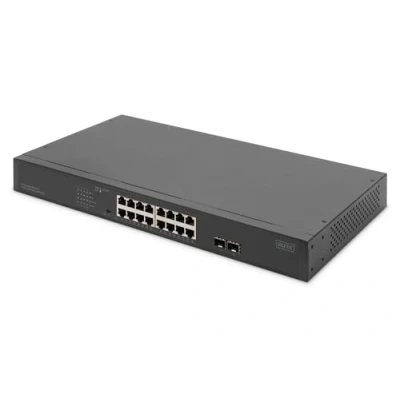 Bild av DIGITUS 19 tums PoE nätverksswitch 16 portar Gigabit + 2 SFP obemannad VLAN 250W effektbudget 10/100/1000 Mbit/s svart