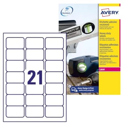 Bild av Avery Italia L7060 20 självhäftande etiketter av vit polyester, etikettformat 63,5 x 38,1 mm, 21 per ark, permanent lim, laserskrivare, ark