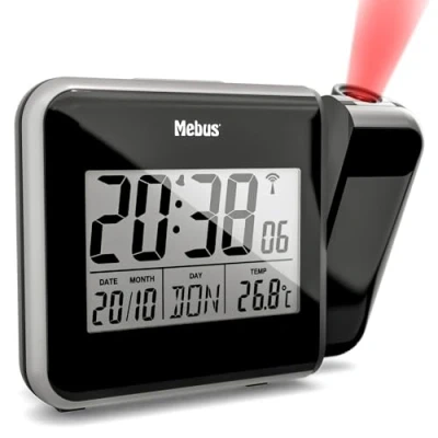 Bild av MEBUS digitaler Funkwecker mit Projektion der Uhrzeit an Decke Wand, inkl. Netzstecker, Batteriebetrieb möglich, Dauerprojektion, schwenkbar, Thermometer/Farbe: Schwarz/Modell: 42425