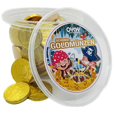 Bild av 500 g guldmynt från mjölkchoklad I ca 65 chokladkakor av guld Fair Trade Kakao en Oyoy festhink Perfekt för barns födelsedagar, mottoartier, pirater och skattjägare