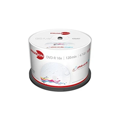 Bild av PRIMEON DVD R 4,7 GB/120 min/16 x kakbox (50 skivor), ultrablank yta för foto på skiva, vattentålig bläckstråleskrivare i full storlek utskrivbar