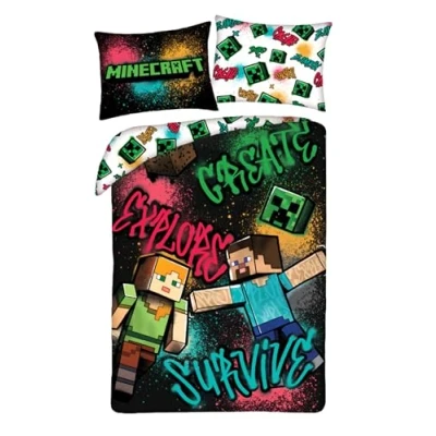 Bild av Barn sängkläder vändbara barnsängkläder Öko Tex påslakan 140 x 200 och örngott 70 90 Minecraft med Alex Steve