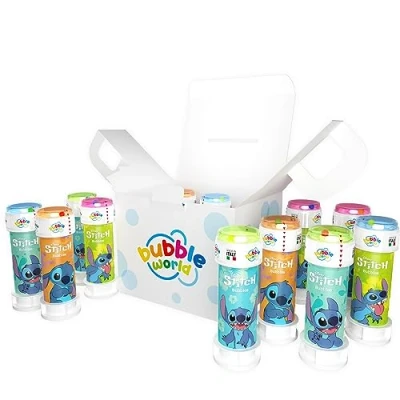 Bild av Bubble World STITCH Party Pack 12 bubbelflaskor 60 ml enfärgade rör och inbyggd fläkt perfekt för födelsedagsfester ditt barn vänner Tillverkad i Italien