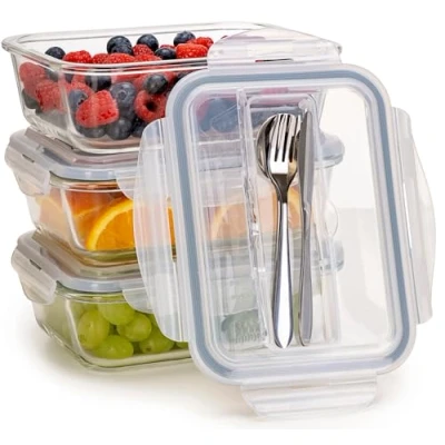 Bild av Igluu Matlåda i glas med besick locket Lufttät portionskontroll för måltidsförberedelser BPA fri plast Säker att använda mikrovågsugn, diskmaskin, 1050ml (3 pack)