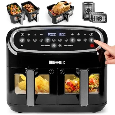 Bild av Duronic AF34 BK airfryer luftfritös 2st 5 liters korgar och 1st 10L korg med genomskinliga fönster 10 förinställda program 2 Sync Cook Finish funktioner Lätt att rengöra Effekt: 2400W
