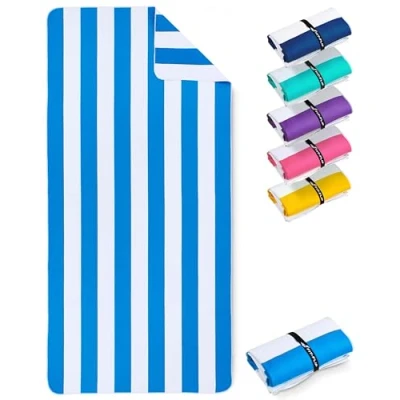 Bild av Strandhandduk XXL mikrofiberbadhandduk stor, lätta och snabbtorkande 100% återvunnen mikrofiberhandduk randig himmelsblå vit 200 cm x 90
