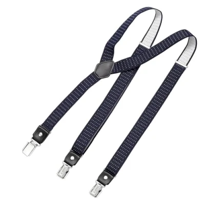 Bild av DonDon breda hängslen 2,5 cm 3 clips med läder i Y form elastisk och längdjusterbar olika designer Prickig mörkblå vit