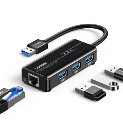 Bild av UGREEN USB 3.0 RJ45 Ethernet Adapter 1000 Mbps med 3 Portar Hub Kompatibel Mac OS Windows 10 Linux Laptop Switch Xiaomi MiBox etc (Svart)