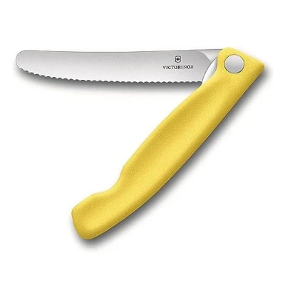Bild av Victorinox Swiss Classic vikbar grönsakskniv, kökskniv, rostfritt stål, diskmaskinssäker, tillverkad i Schweiz, gul
