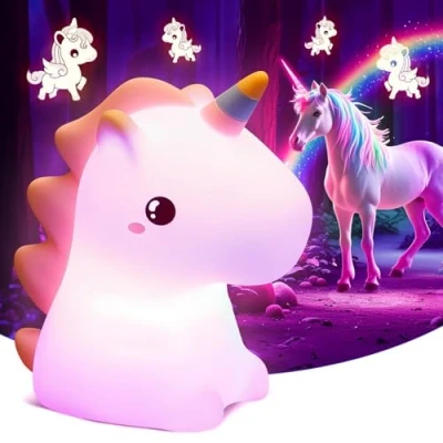 Bild av nattlampa barn baby, 16 RGB färger + dimbar USB uppladdningsbar enhörning presenter för flickor barnrum lanterna sänglampa