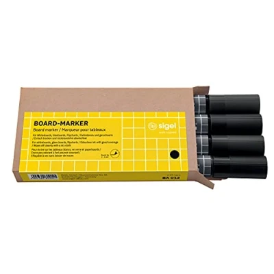 Bild av SIGEL BA012 set med 4 glas/whiteboard markörer, raderbara, &quot;cap off&quot; bläck, Ø 23 mm kulspetsar, svart