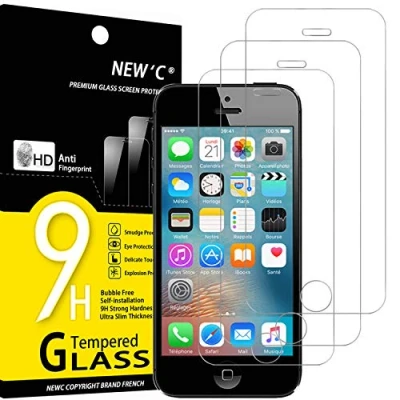 Bild av NEW&#039;C 3 Pack, skärmskydd i glas för iPhone 5, 5S, 5C, bubbelfri, 9H hårdhet, 0,33 mm ultratransparent, ultrabeständigt härdat