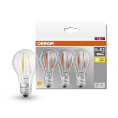 Bild av OSRAM LED Base Classic A/LED lampa i glödlampform med E27 bas/inte dimbar/ersättning för 60 watt/filamentstil klar/varm vit 2700 Kelvin / 3 pack