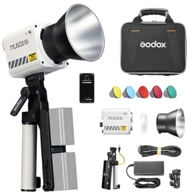 Bild av GODOX ML60IIBi Kit 70 W COB LED ljusset, bi färg fotoljus, 2800 K6500 K, CRI ≥ 96, 11 FX ljuseffekter, hållare stöder BT anslutning med batterihandtag, reflektor och 1/4 adapter