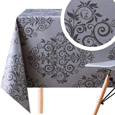 Bild av KP HOME vaxduk barockstil damast mörk grafit och grå präglad rektangulär 300 x 140 cm avtorkningsbar PVC bordsduk vattenavvisande elegant orientalisk vinyl lättskött