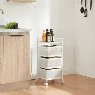 Bild av [en.casa] Sunndal rullvagn med 3 nivåer kökshylla i flera lager hjul, serveringsvagn av stål, utfällbara korgar, hylla för kök, badrum 64,5 x 27 cm vit