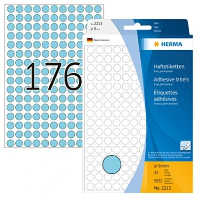 Bild av HERMA 2213 multifunktionsetiketter/runda färgade prickar (Ø 8 mm, 32 ark, papper, matt) självhäftande, permanenta märkningspunkter för handskriven märkning, 5 632 klistermärken, blå