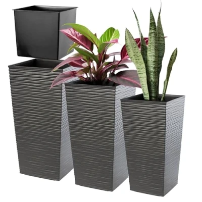Bild av Kadax blomkruka set, av plast, väderbeständig för inomhus och utomhus, utomhusbruk, (grafit, set med 3)