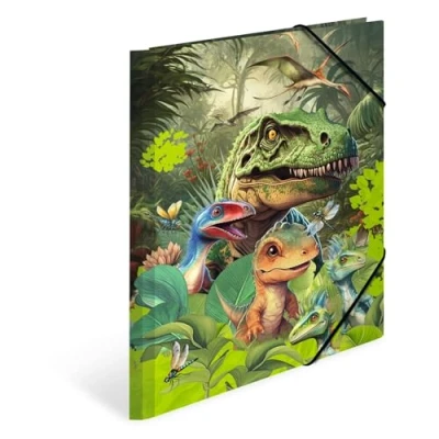Bild av HERMA Samlarmapp A4 dinosaurie, barn hörnspännarmapp av kartong med djur dino motiv, elastiskt band, inre klaffar och innertryck för pojkar flickor