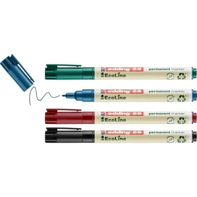 Bild av edding 25 Ecoline permanent marker set svart, röd, blå, grön 4 pennor rund spets 1 mm vattenfasta, fläcksäkra och snabbtorkande för kartong, plast, glas, trä, metall tyg