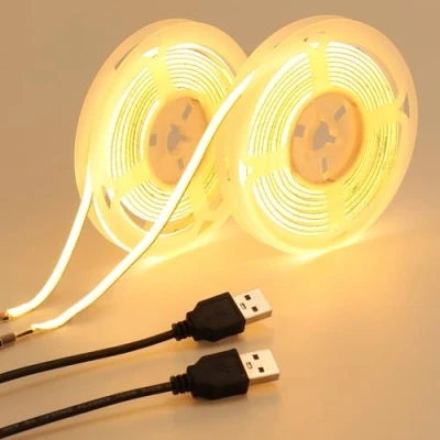 Bild av GOMING 5 mm bred LED remsa COB USB V varmvit 3 000 K driven 400 LED/M 4 m (2 x 2 st) CRI 93 IP20 icke vattentäta lampor för gör det själv dekorativ belysning