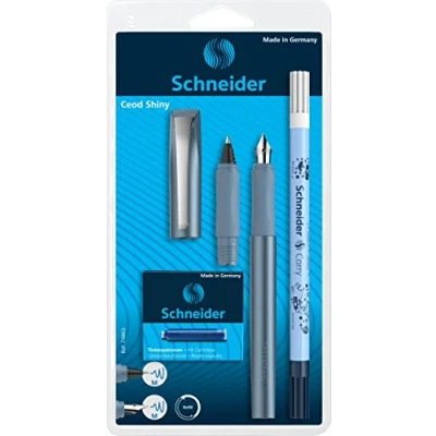 Bild av Schneider 74863 Ceod Shiny skrivset med reservoarpennor, bläckbläcksläckare (höger och vänsterhänta användare, M fjäder, inkl. bläckpatroner kungsblå) pacific blå, 9 delat set, 1 st (1 pack)