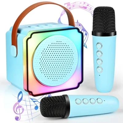 Bild av karaoke maskin barn med 2 mikrofon mini bärbar Bluetooth högtalare röst växlande effekter &amp; LED ljuseffekter för fest, presenter till födelsedag, jul (blå)