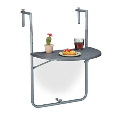 Bild av Relaxdays Fällbart balkonghängbord, B x D: 59,5 63 cm, höjdjusterbart i 3 nivåer, 2 mugghållare, räckes bord, grått