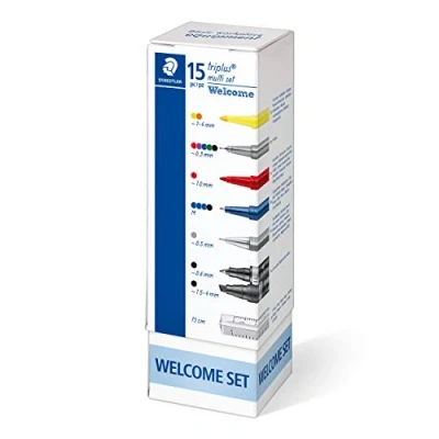 Bild av STAEDTLER Schreibset triplus multi set Welcome Set, enthält Kugelschreiber, Druckbleistift, verschiedene Marker und Lineal, 15 ausgewählte Schreibgeräte im handlichen Karton Köcher, 34 CPR15