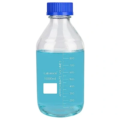 Bild av Labasics rund medium förvaring flaskor med GL45 blå skruvlock, Borosilikatglas klart glas bred mun examen reagens laboratorium glasflaska, 1 000 ml
