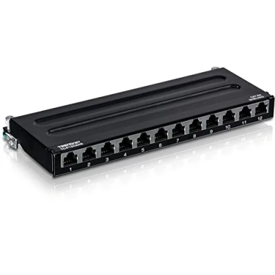 Bild av TRENDnet 12 port Cat6A skärmad lapppanel, 10G redo, Cat5e, Cat6, kompatibel, metallhölje, färgkodad märkning för T568A och T568B ledningar, kabelhantering, väggmonterbar, svart, TC P12C6AS