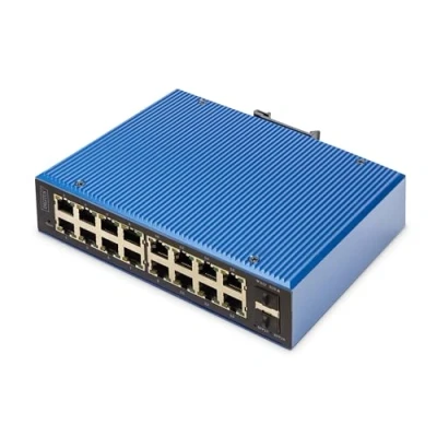 Bild av DIGITUS Nätverksswitch 18 portars Gigabit Ethernet 16x RJ45 + 2x SFP IP40 L2 hanterad 10/100/1000 Mbit/s DIN skenmontage industriell serie svart/blå
